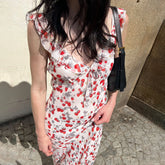 LIZAKOSHT  -  Women's Floral Print Cami Maxi Dress Boho Romantic Ruffle V Neck Long Dresses for Beach Holiday Ladies Summer Vestidos